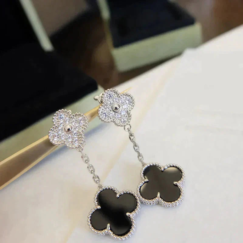 [Lunabriance]CLOVER 2 MOTIFS  DIAMOND ONYX EARRINGS SILVER
