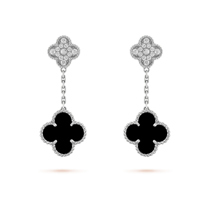 [Lunabriance]CLOVER 2 MOTIFS  DIAMOND ONYX EARRINGS SILVER