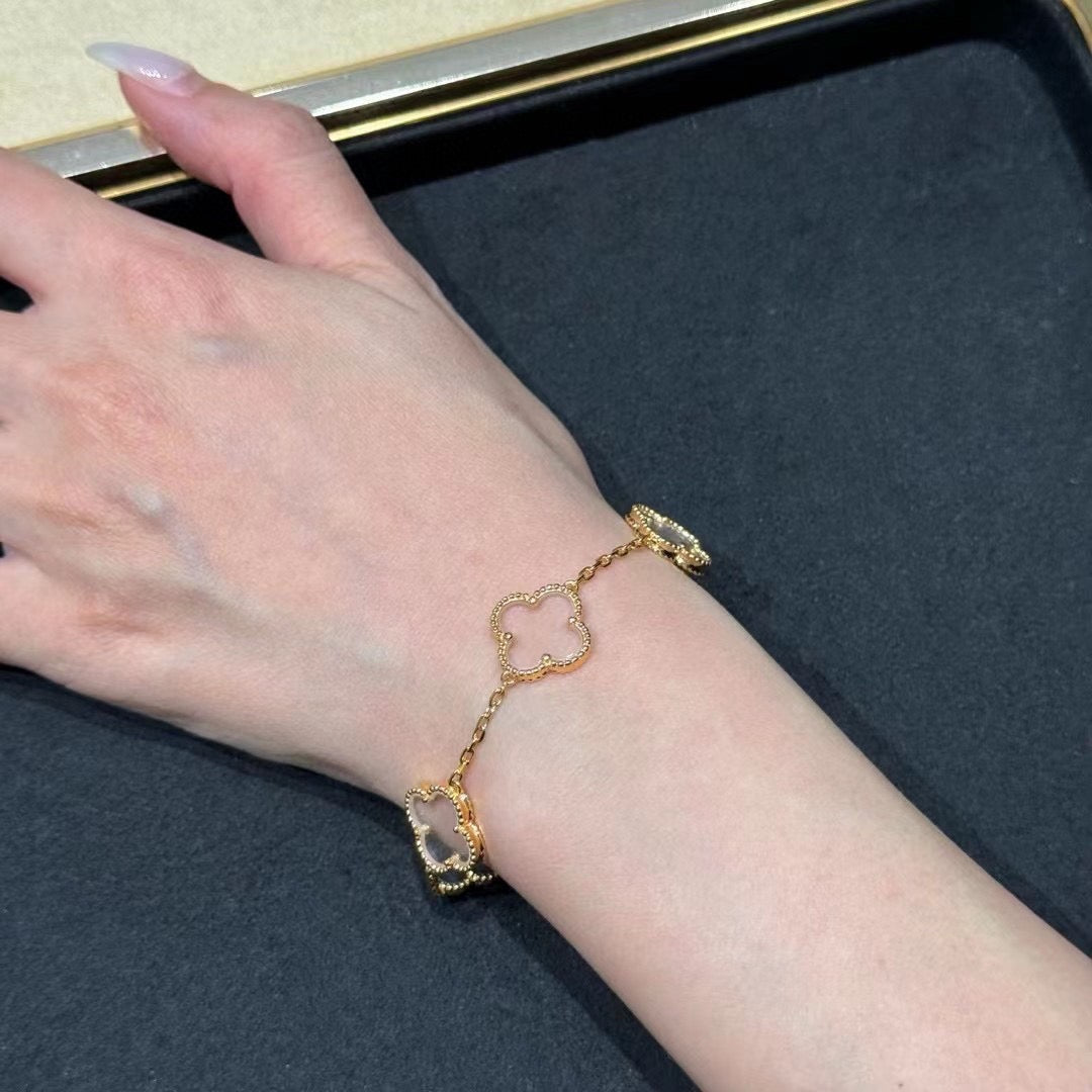 [Lunabriance]CLOVER 5 MOTIF ROCK CRYSTAL PINK GOLD BRACELET