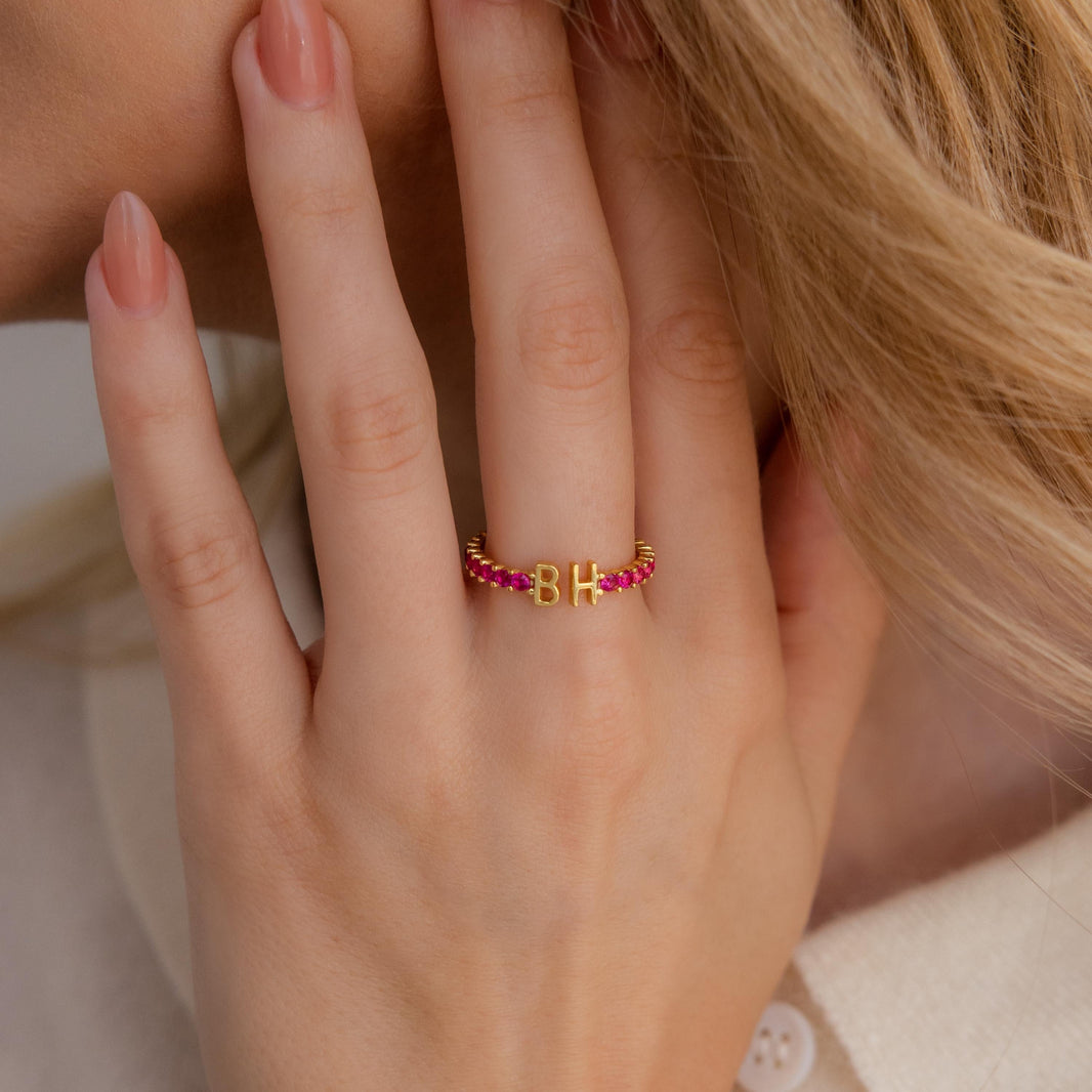 Duo Initial Birthstone Tennis Ring